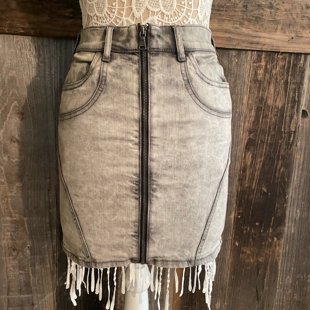 Extra high rise grey tie-dye jean skirt